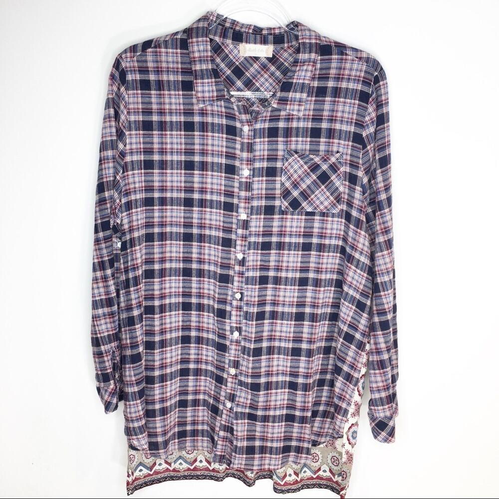 Altar’d State Womens Large Tunic Top Plaid Geometric Button Up‎ Roll Tab Sleeves